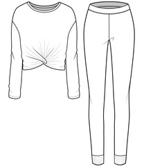 womens long sleeve front twist t shirt top and leggings flat sketch vector illustration lounge wear set technical cad drawing template - obrazy, fototapety, plakaty