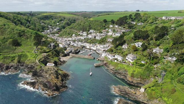 Aerial of Polperro fishing village in Cornwall, England, United Kingdom, Europe