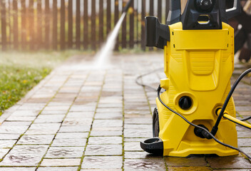 Pressure Cleaning with High Pressure Washer Karcher in Garden Park or Street. Cleaning Pavement...