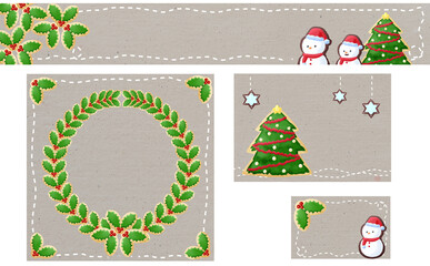 クリスマス☆イラスト素材4種セット リースとツリーと雪だるま ミシン目入り グレー バナー・正方形・ハガキ・名刺 色違い有