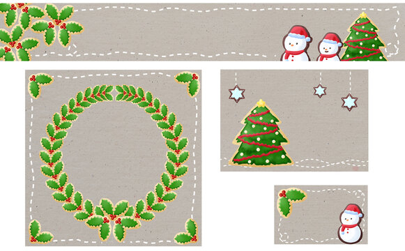 クリスマス☆イラスト素材4種セット リースとツリーと雪だるま ミシン目入り グレー バナー・正方形・ハガキ・名刺 色違い有
