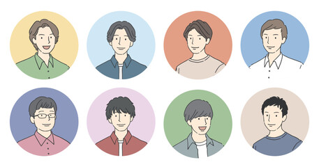 笑顔の男性のカラフルなアイコンイラストセット