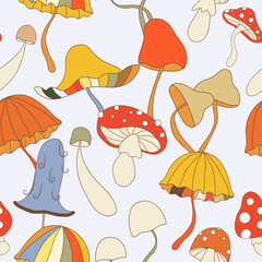 Vector seamless pattern in retro groovy style. Fun mushrooms: toadstool and agarics in bright colors on light blue backdrop perfect for textile, wrapping paper and stationery for kids and adults