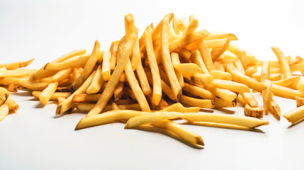 Fried hanging french fries with salt in a pile on a white background isolate. AI generated.