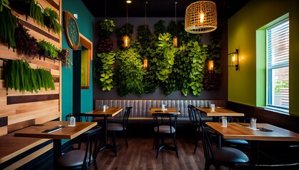 A trendy vegan restaurant with bright green walls, reclaimed wood furniture, and a living wall." Generative AI