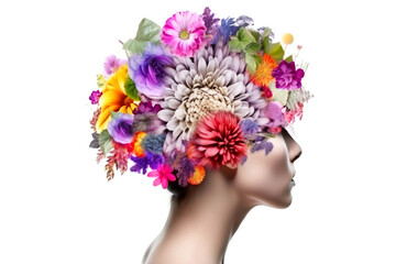 Mental health day, female head made of colorful flowers. Fictional person created with generative AI.