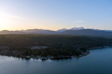 Aerial view of the Puget Sound and the Olympic Mountains of Washington State at sunset