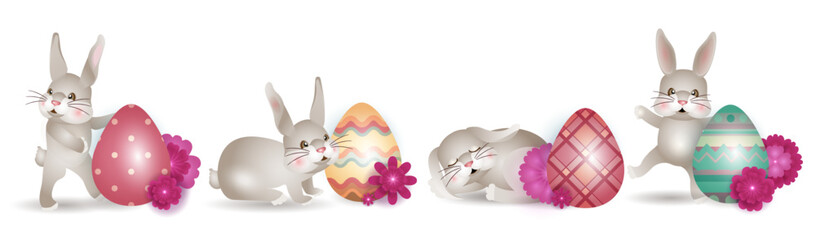 Happy Easter bunnies banner with rabbits, eggs and flowers. Set of cute hares in different poses on white background. For greeting cards, banners, invitation. Vector illustration.