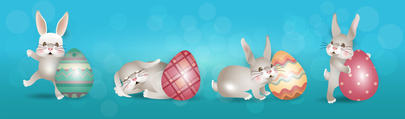 Happy Easter bunnies banner with rabbits and eggs. Set of cute hares in different poses on blue background. For greeting cards, banners, invitation. Vector illustration.