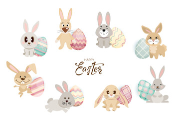 Happy Easter bunnies banner with rabbits, eggs and hand drawn lettering text. Set of cute hares in different poses on white background. For greeting cards, banners, invitation. Vector illustration.