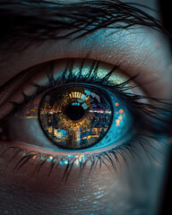 Close-up generated photorealistic image of the human eye with reflection of bright highlights