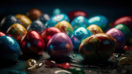 The Easter egg image features dynamic colorful  eggs in an abstract background. Pastel hues, soft lighting, reflective surfaces, subtle textures, and high resolution make this hyper-detailed image.