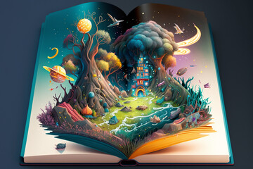 Book that contains fantastic stories, magic imaginary world full with color and happiness. Generative ai.