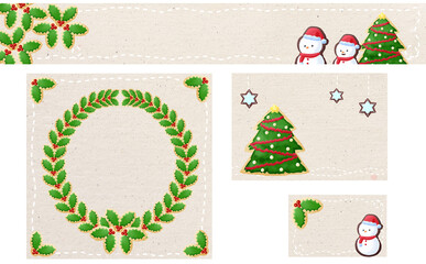 クリスマス☆イラスト素材4種セット リースとツリーと雪だるま ミシン目入り サンドベージュ バナー・正方形・ハガキ・名刺 色違い有