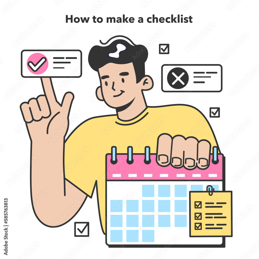 Poster checklist making concept. character planning the daily routine