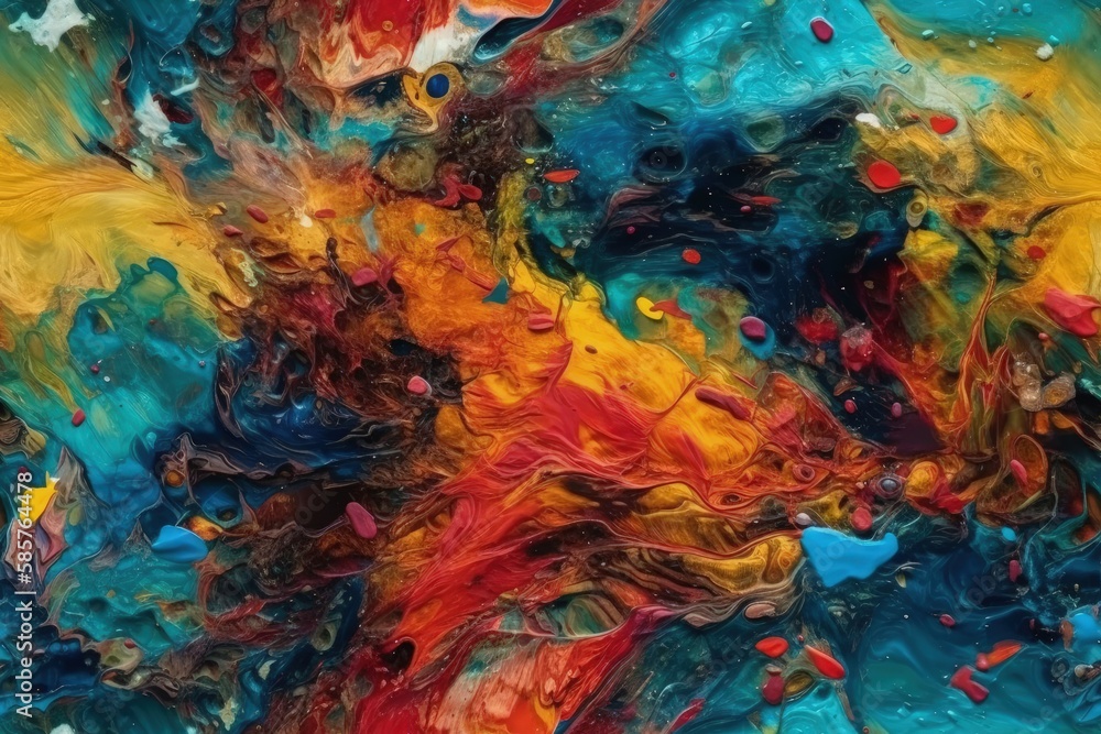 Poster vibrant and colorful abstract painting with various shapes and forms. generative ai