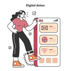 Digital detox. Female character chained to a digital device. Breaking
