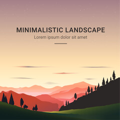 Minimalistic vector landscape with silhouettes of mountains and trees at sunset. Illustration for website or print. 