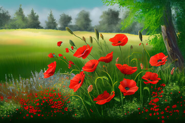 a painting of a field full of red poppies under a cloudy sky. Generative Ai
