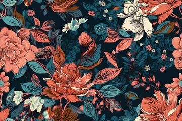Poster vibrant floral wallpaper with a variety of blue and red flowers. Generative AI © AkuAku