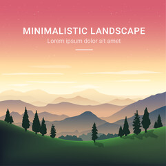 Minimalistic vector landscape with silhouettes of mountains and trees at sunset. Illustration for website or print. 