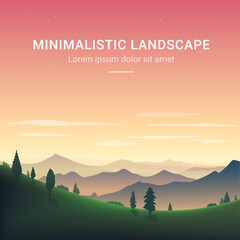 Minimalistic vector landscape with silhouettes of mountains and trees at sunset. Illustration for website or print. 