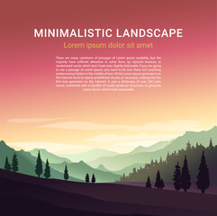 Minimalistic vector landscape with silhouettes of mountains and trees at sunset. Illustration for website or print. 