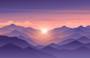 Minimalistic vector landscape with silhouettes of mountains and trees at sunset. Illustration for website or print. 