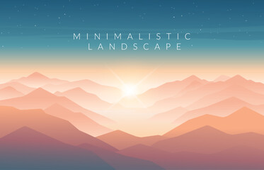 Minimalistic vector landscape with silhouettes of mountains and trees at sunset. Illustration for website or print. 
