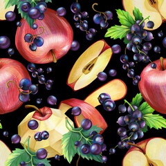 Seamless pattern of apples and black currant berries in clusters and separately, drawn with a colored pencil. Graphic texture on a black background for packaging, fabric and wallpaper.