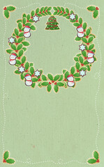 クリスマス☆ミシン目入り縦型イラスト素材 アイシングクッキーのリース ビンテージグリーン背景 差分有