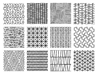 Set of Aesthetic Contemporary printable seamless pattern with abstract Minimal elegant line brush stroke shapes and line in black and white colors.