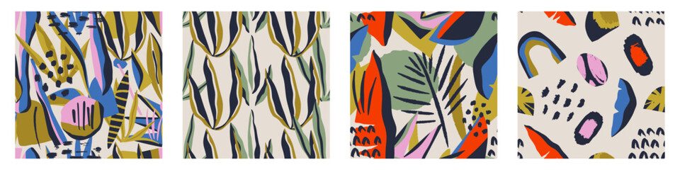 Set of Abstract contemporary seamless pattern with hand drawn shapes, spots, dots and lines with textures. Vibrant boho print. Modern collage vector illustration