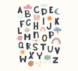 Cute hand draw alphabet in boho style. Cartoon doodle clipart elements for nursery. Design for shower invitation card, birthday, children's party, book cover, poster © anya