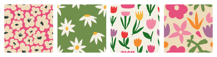 Set Aesthetic Contemporary printable seamless pattern with retro groovy flowers. Decorative Naive 60's, 70's style Vintage boho background in minimalist  style for fabric, wallpaper, wrapping © anya