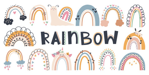 Set of cute hand draw rainbow, sun, cloud, star, weather in boho style. Cartoon doodle clipart elements for nursery. Design for shower invitation card, birthday, children's party, book cover, poster