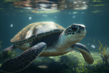 Close-up view of turtle underwater generative AI