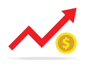 Red arrow on white with dollar coin. Money Profit red arrow, Vector illustration.Business concept, growing chart. Concept of sales symbol icon with arrow moving up. Economic Arrow With Growing Trend.
