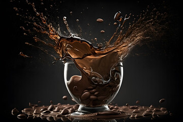 Cup of coffee with splashes and smoke on a dark background. Coffee splashing out of a cup on a dark background. 3d rendering. Generative AI technology.
