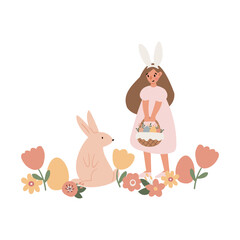 Happy Easter illustration clipart, Cute bunny vector images, Childrens egg hunts clip art, Easter basket pictures, rabbit in flat cartoon style, sublimation, digital download.