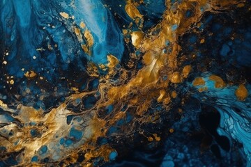 an abstract painting featuring gold and blue tones. Generative AI