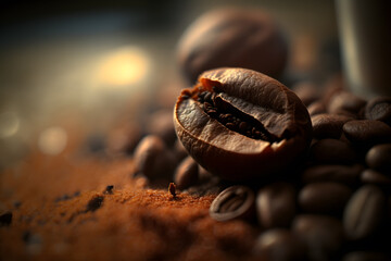 Roasted coffee beans. Close-up. Generative AI technology.

