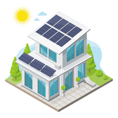 Solar Roof top concept solar cell on roof of Modern Simple House in green nature ecology lifestyle out door isolated illustration cartoon