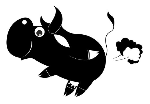 Cartoon cow breaking wind.
Natural gas. Smiling cow s breaking wind. Black and white

