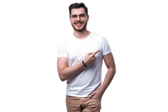 smiling young casual man presenting something on transparent background