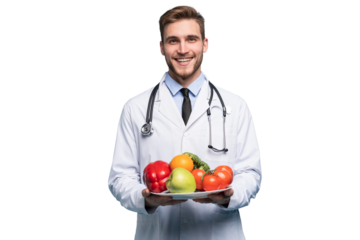 doctor looking at camera and holding plate of fresh vegetables isolated on transparent background, healthy eating concept