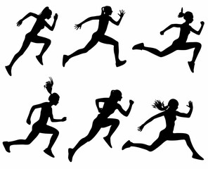 Run. Running men and women, vector set of isolated silhouettes, white background