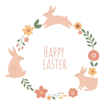 Happy Easter wreath card, Cute bunny illustration clipart, Floral circle frame, vector images in flat cartoon style, digital download printable pictures, wall art print.