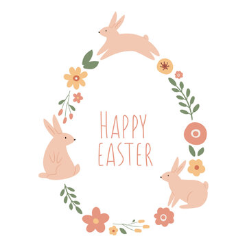 Happy Easter wreath card, Cute bunny illustration clipart, Floral circle frame, vector images in flat cartoon style, digital download printable pictures, wall art print.