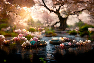Obraz na płótnie Canvas Surreal asian garden with sakura trees and pond. Abstract landscape with cherry blossom falling in lake with bokeh light. Springtime fine art background.